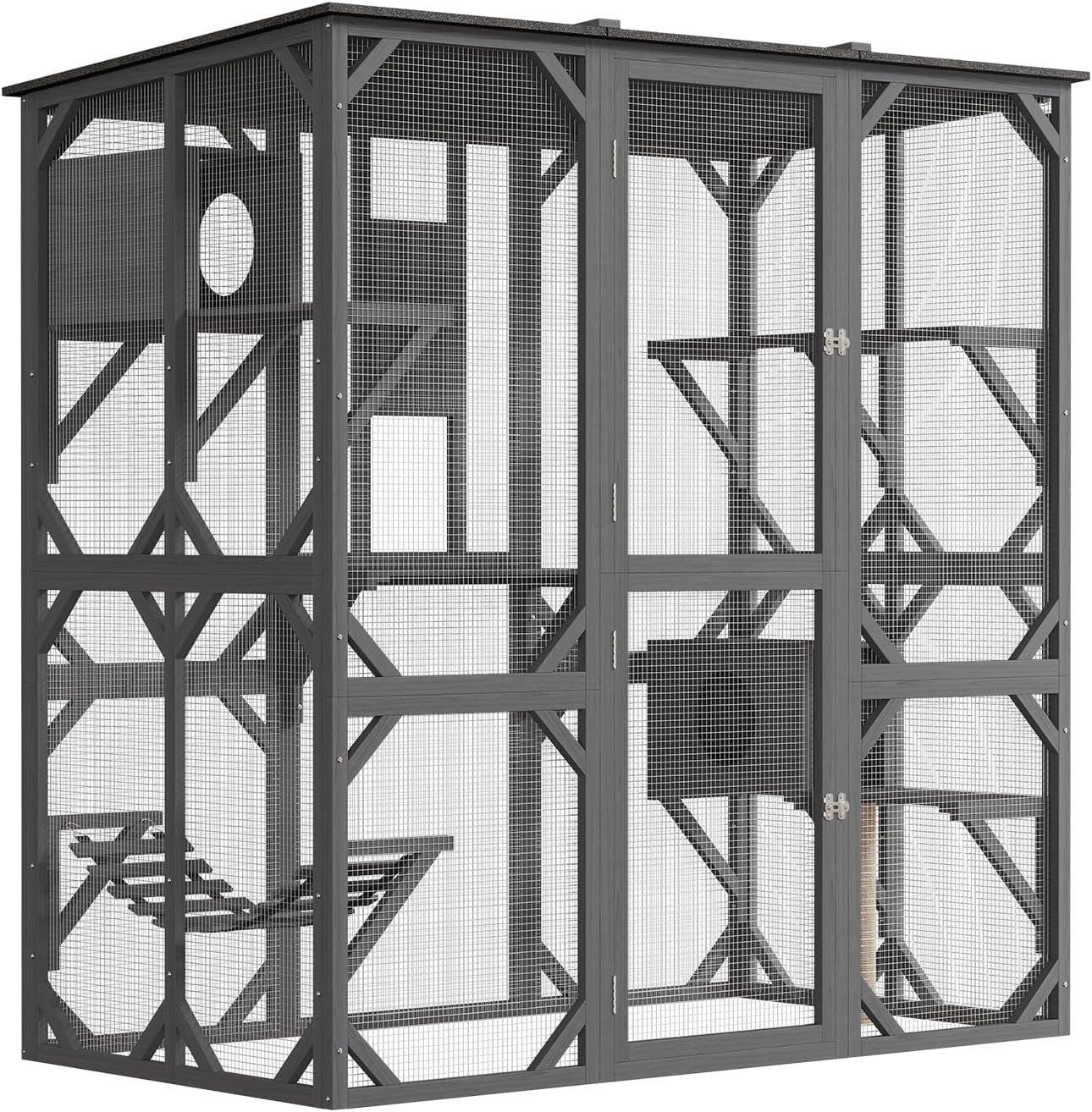 Sunvasagoo 70" Outdoor Cat Enclosure, Fir Wood Frame, Asphalt Roof, 4 Platforms, 2 Houses