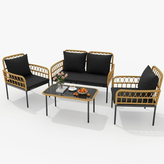 Sunvasagoo Boho Wicker Patio Set 4-Piece, PE Rattan, Black/Beige Cushions, Glass Table