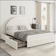 Sunvasagoo Boucle Upholstered Platform Bed Frame w/ Round Headboard & 2 Storage Drawers, Twin/Full Size, No Box Spring Needed