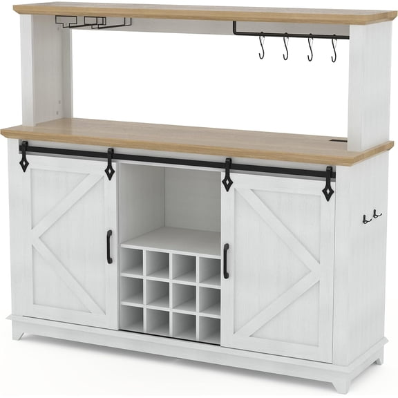 Sunvasagoo Farmhouse Coffee Bar Cabinet 55" with Power Outlet & LED Light, MDF, Multi Finish