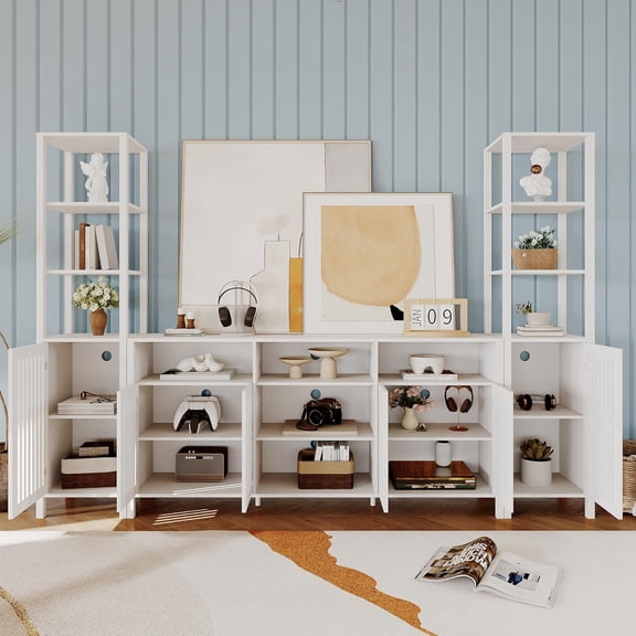 Sunvasagoo Farmhouse TV Stand for 70" TVs, 3-Piece Engineered Wood Set Walnut/White/Natural