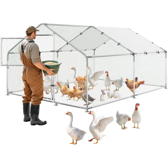 Sunvasagoo Galvanized Steel Chicken Coop with Waterproof Cover, 65/127 Sq Ft, Silver