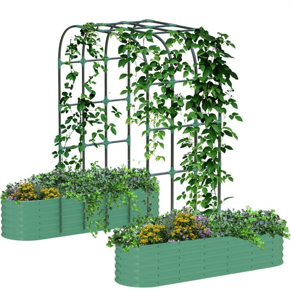 Sunvasagoo Galvanized Steel Garden Kit, 95" Trellis & 2 Raised Beds, Green/Beige