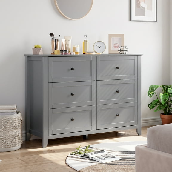 Sunvasagoo Grey 6-Drawer Dresser for Bedroom, Large Modern Chest of Drawers with Deep Storage & Metal Knobs, Wooden Tallboy for Entryway, Hallway, Closet Organization