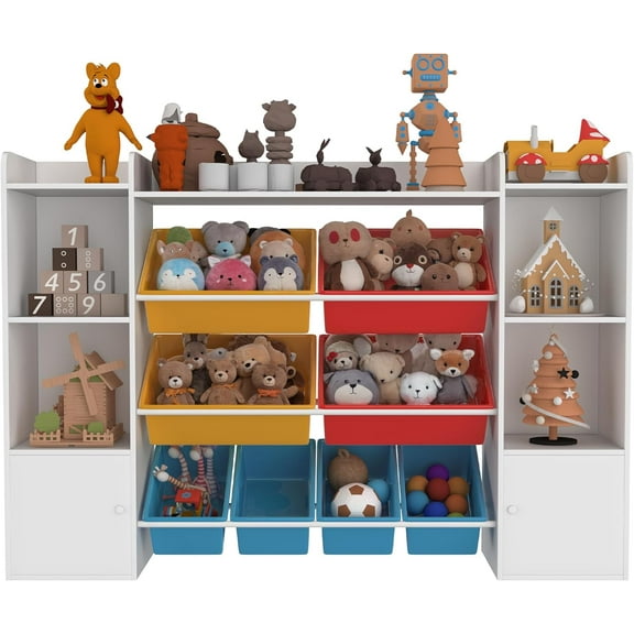 Sunvasagoo Kids Toy Storage Organizer w/ 8 Bins, Bookshelf & Cubbies, Wood & Multi-Color
