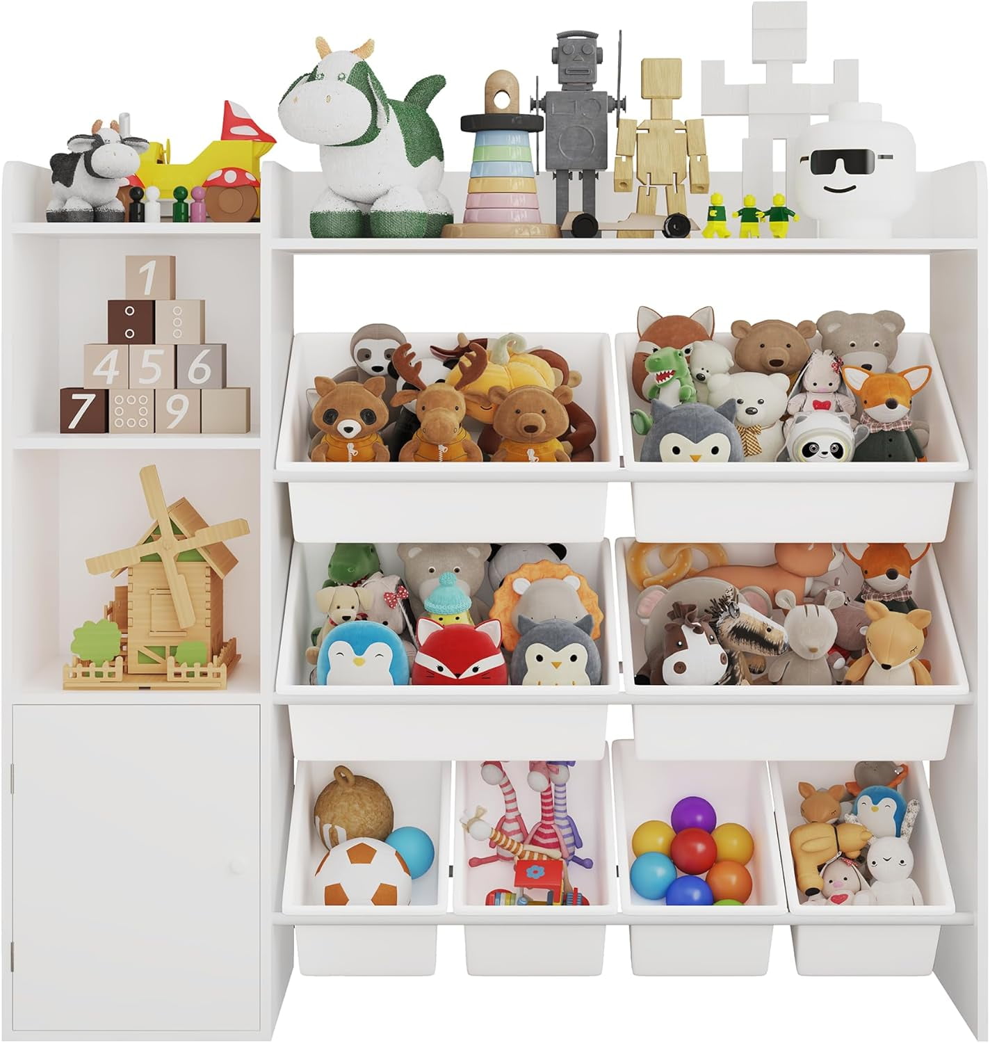 Sunvasagoo Kids Toy Storage Organizer w/ 8 Removable Bins & Bookshelf, Engineered Wood