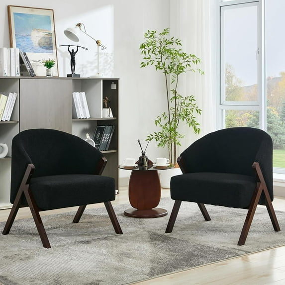 Sunvasagoo Mid-Century Accent Chair, Teddy Velvet, Linen, PU Leather with Wood Frame