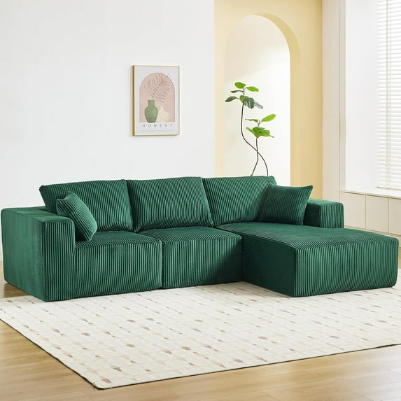 Sunvasagoo Modular Cloud Sectional 108", Corduroy Sofa w/Chaise, Green, Right-Facing