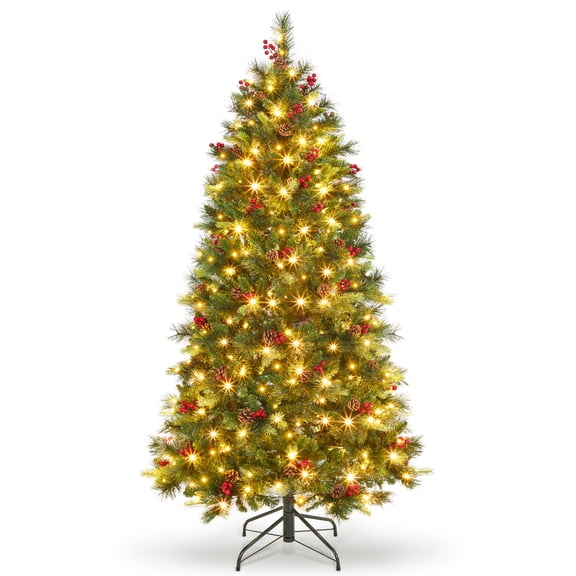 Sunvasagoo PE Artificial Christmas Tree w/ Pine Cones & Berries, 4FT to 7FT Snow Flocked, Metal Stand, Hinged Design