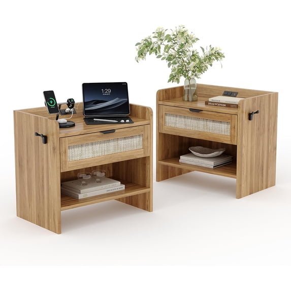 Sunvasagoo Rattan Nightstand Set of 2 with Charging Station, 1 Drawer & Open Shelf Bedside Tables, Walnut/Cream White