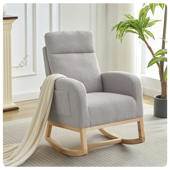 Sunvasagoo Wingback Rocking Chair with Wood Frame, Fleece/Linen/PU Upholstery, 4 Colors