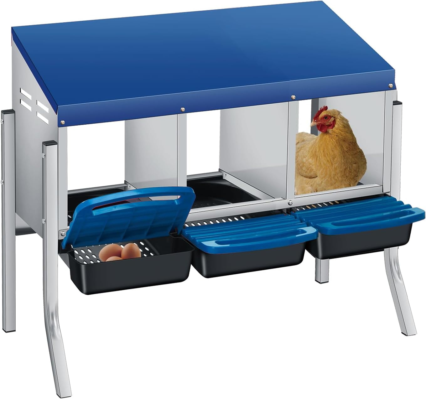 Sunvasagoo Zinc Alloy Chicken Nesting Box, 3/4 Hole Roll Away Egg Laying Box w/ Removable Tray, Wall Mount or Freestanding