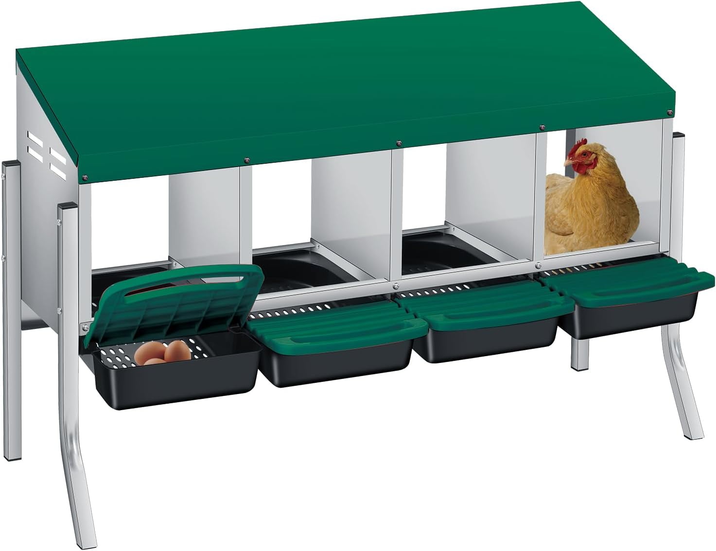 Sunvasagoo Zinc Alloy Chicken Nesting Box, 3/4 Hole Roll Away Egg Laying Box w/ Removable Tray, Wall Mount or Freestanding