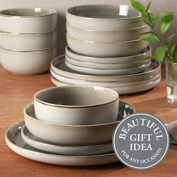 Sunveil 16 Piece Reactive Glaze Stoneware Dinnerware Set - Light Taupe Service for 4