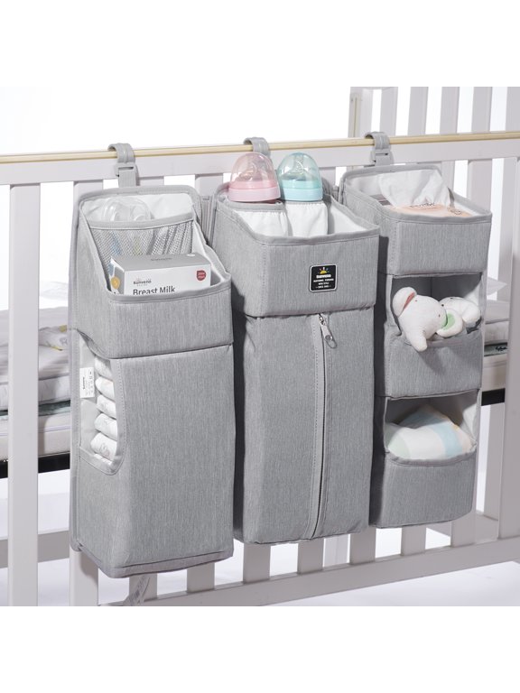 3-in-1 Crib Nursing Organizer Set for Baby Essentials Storage, Gray