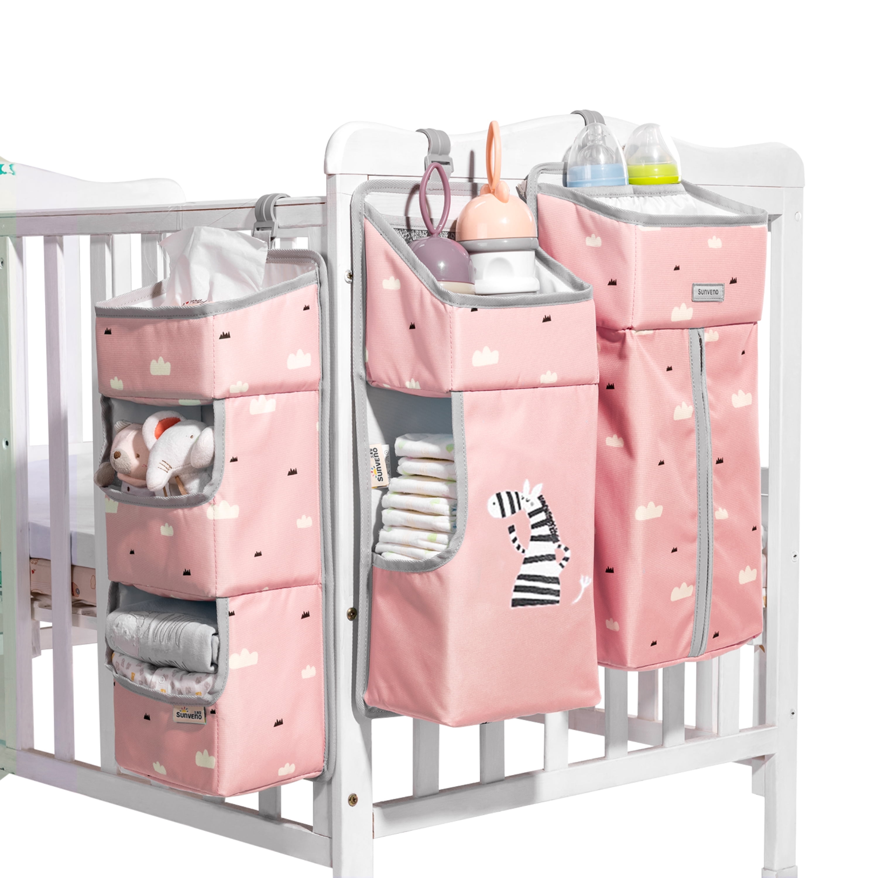 Sunveno 3-in-1 Fabric Crib Nursing Organizer for Baby Essentials, Pink Nursing Set
