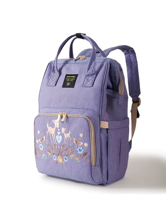 Embroidered Backpack Diaper Bag Travel Backpack, Purple Deer