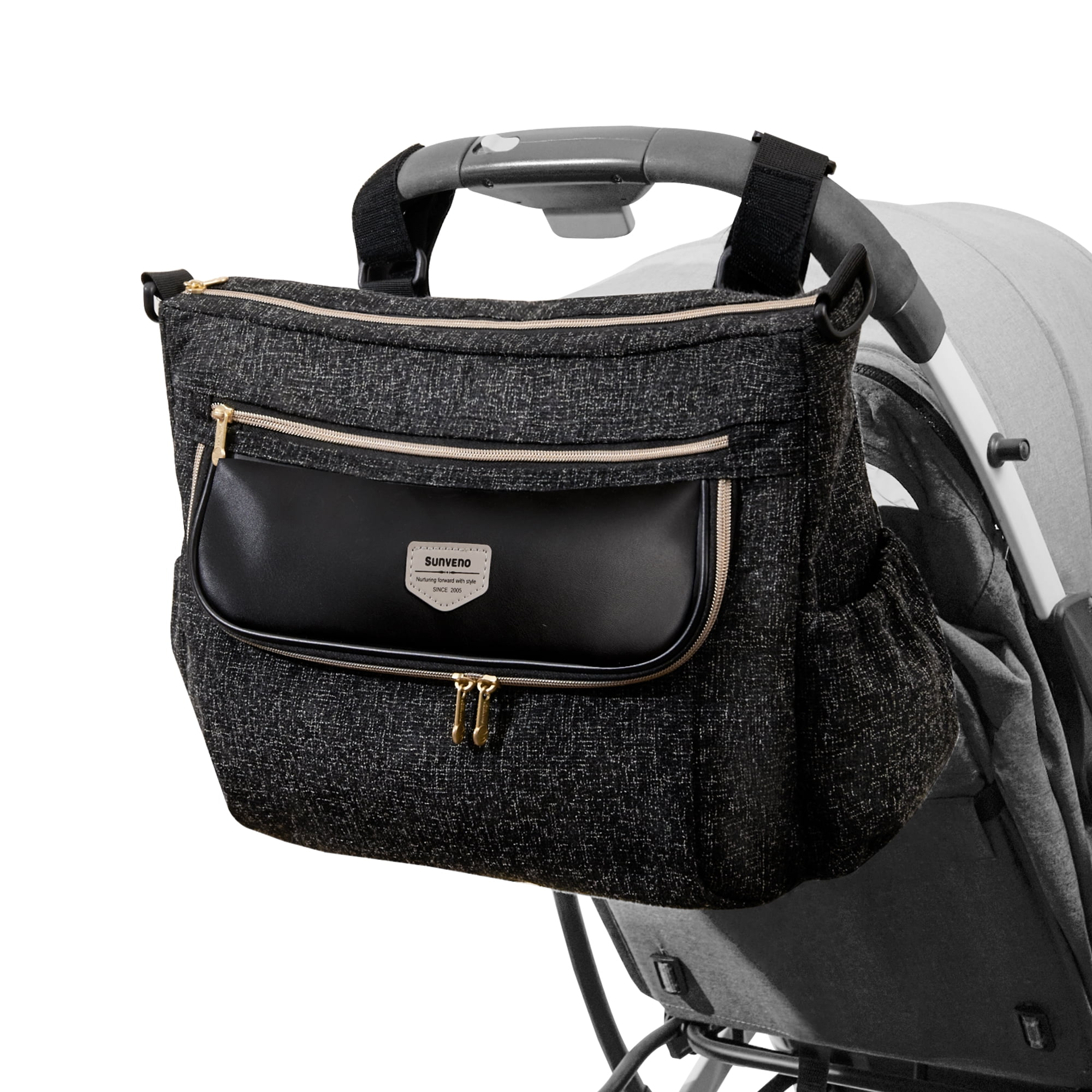 Sunveno Tweed Luxe Stroller Organizer Crossbody Bag Diaper Bag Travel Bag, Black