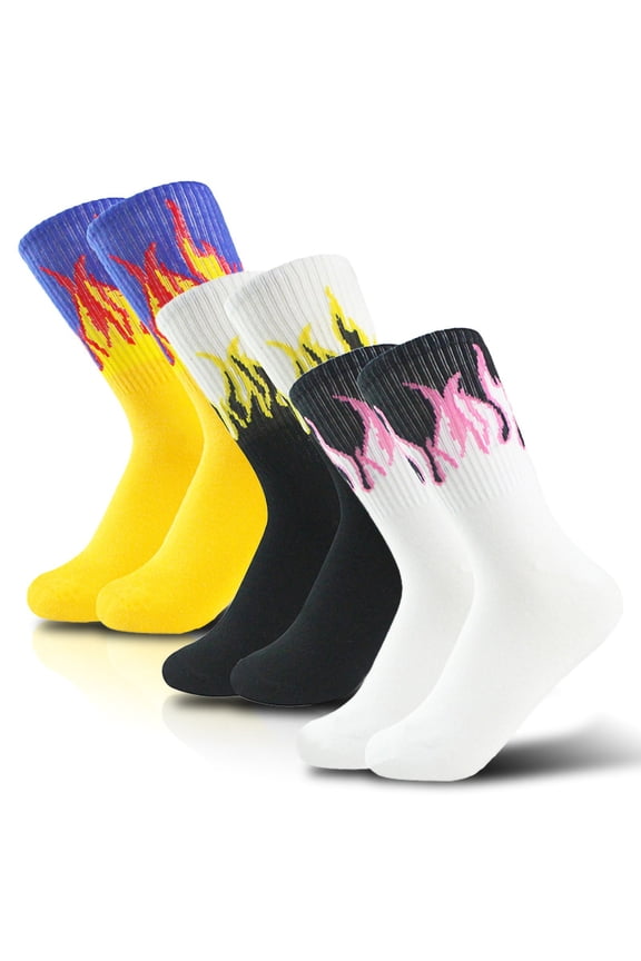3 Pack Flame Socks for Men - Mid Calf Trendy Streetwear Polyester Socks, Multicolor Vibrant Flame Pattern, One Size Fits Most for Casual Daily Wear,Size Free Size