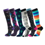 VONCOS 6 Pack Knee High Socks for Women - Black, Stretchy Nylon Spandex, Patterned, Everyday Casual Office Wear, 6 Unique Designs M/L Sizes,Size L