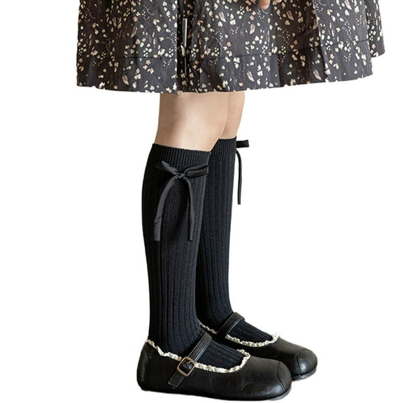 Sunvit-Panties Black Girls Knee High Socks 4-8 Years - Soft Knit Cotton, Non-Slip with Bow, Fits 140cm Female Kids for Daily/School Wear,Size 6-14T