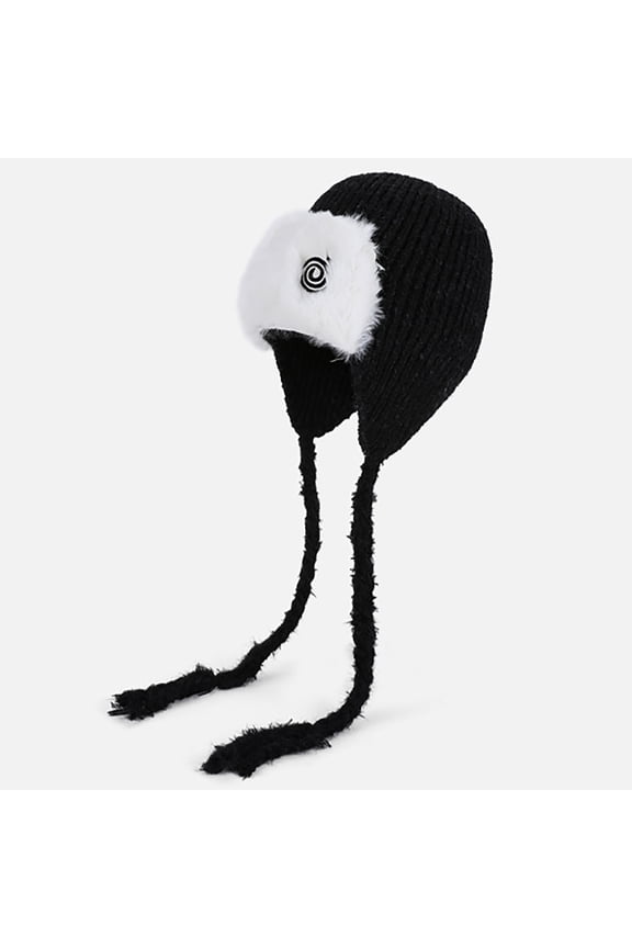 Black Women and Men Cold Weather Trapper Hat - Knitted with Faux Faux Fur Ear Flaps, Adjustable Chin Strap, Free Size for Winter Outdoor,Size Free Size