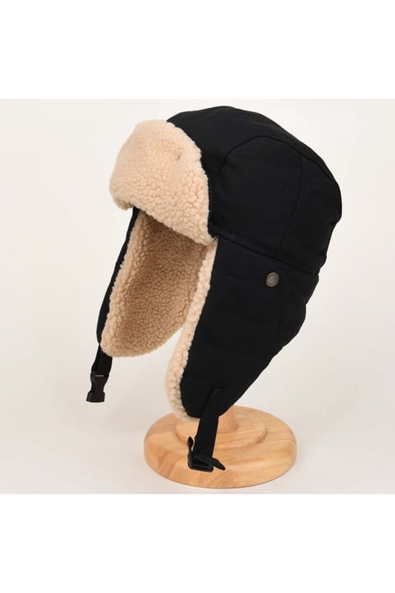 Black Women and Men Russian Winter Ushanka Hat - Faux Shearling Lined, Warm Windproof with Adjustable Ear Flaps for Men & Women,Size Free Size