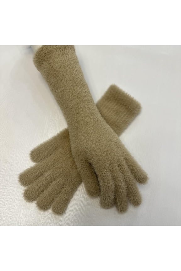 Brown Womens XL Fluffy Knit Winter Gloves - Long Wrist Warm Nylon Spandex Soft Fit for Daily Outdoor,Size XL