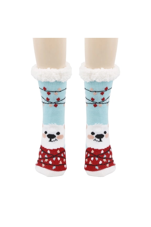 Christmas Acrylic Socks for Women (Blue) - Warm Fluffy Cuff Mid-Calf Socks with Polar Bear & Christmas Light Pattern, One Size, Festive Holiday Home/Gift Wear,Size Free Size