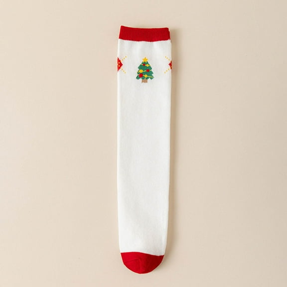 Sunvit-Panties Girls Christmas Knee High Socks - Soft Cotton, One Size Fits Ages 3-12, White with Christmas Tree Embroidery, Breathable Festive Holiday Socks (1 Pair),Size Free Size