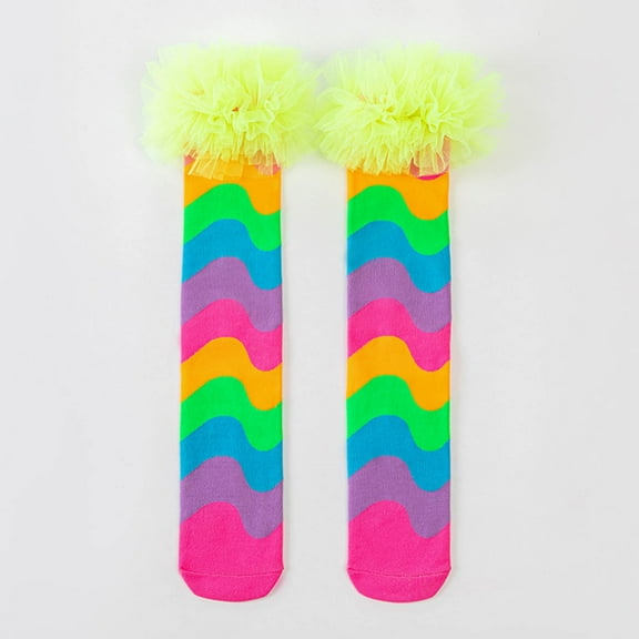 Sunvit-Panties Girls Green Rainbow Knee High Socks with Fluffy Tulle Pom Poms - Soft Breathable Cotton, Skin-Friendly, Fits 3-12 Years, 1 Pair for Daily/Party/Holiday Wear,Size Free Size