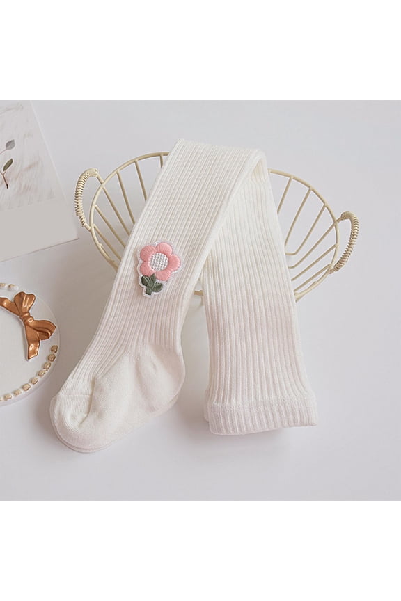 Girls White Cotton Tights - Full Length Ribbed Legwear with Floral Appliqué, Soft Stretchy for Kidss & Young Kids (1-8 Years),Size 8 T