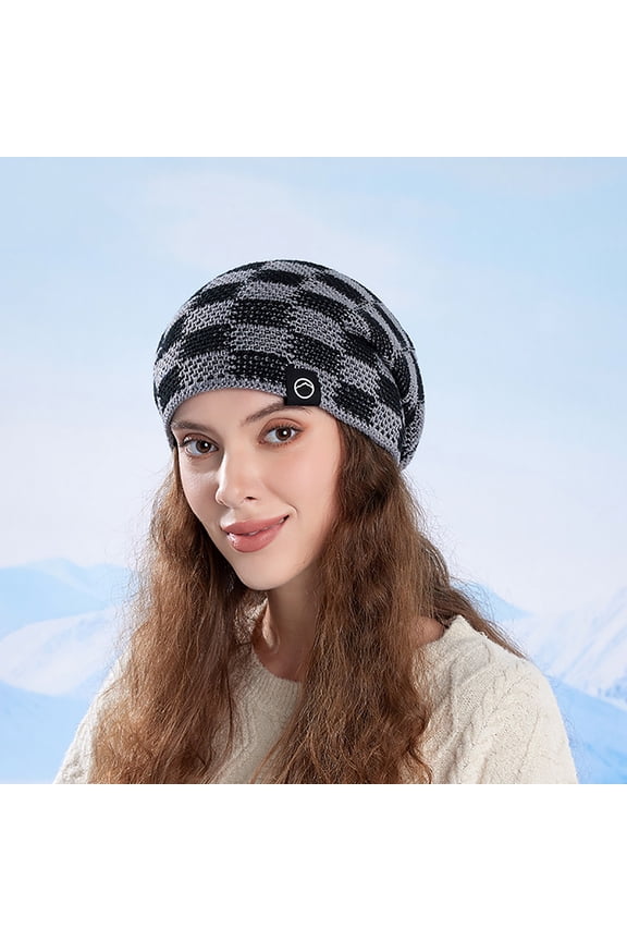 Gray Plaid Warm Fleece Lined Knit Beanie - Women and Men Acrylic Hat for Cold Weather, Daily Wear & Outdoor Activities,Size Free Size