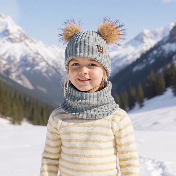 Sunvit-Panties Gray Unisex Kids Beanie & Neck Warmer Set - 3-10 Years Acrylic Knit Pom Pom Cozy Winter Cold Weather Accessories for Boys Girls,Size Free Size