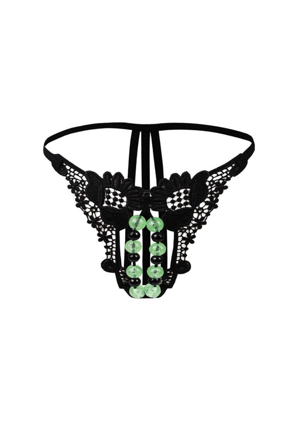 Juniors Beaded Lace Thong - Black, Size M | Soft Nylon-Spandex Blend with Strappy Back for Intimate & Daily Wear