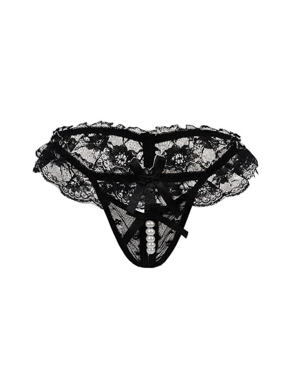 Juniors Black Size M Pearl Detailed Lace Thong - Nylon-Spandex, Bow Accent, Low-Rise Semi-Sheer Sexy Intimate Underwear