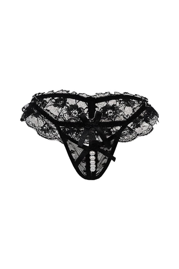 Juniors Black Size M Pearl Detailed Lace Thong - Nylon-Spandex, Bow Accent, Low-Rise Semi-Sheer Sexy Intimate Underwear