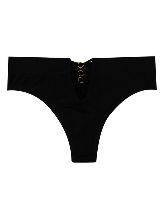 Juniors Black Thong Underwear Size M - Lace-Up Front with Metal Rings, Nylon Spandex Blend, Stretchy Comfort, No Panty Line for Daily & Date Night