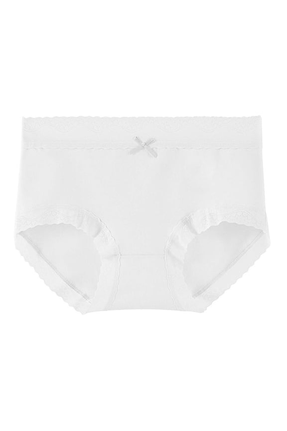 Juniors Mid-Waist Cotton Underwear, White (Size M) - Lace Trim & Tiny Bow Accent, Comfortable Breathable for Everyday Wear