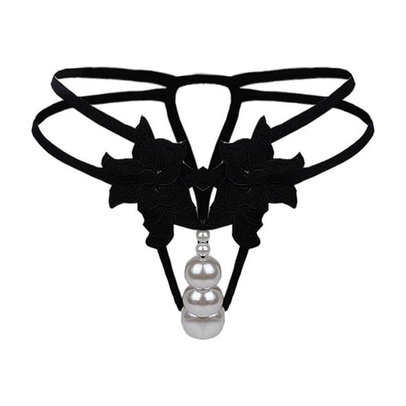 VONCOS Juniors Pearl Embellished Strappy Intimate Thong - Floral Accent, Nylon Spandex Soft Stretchy, Black, Size M