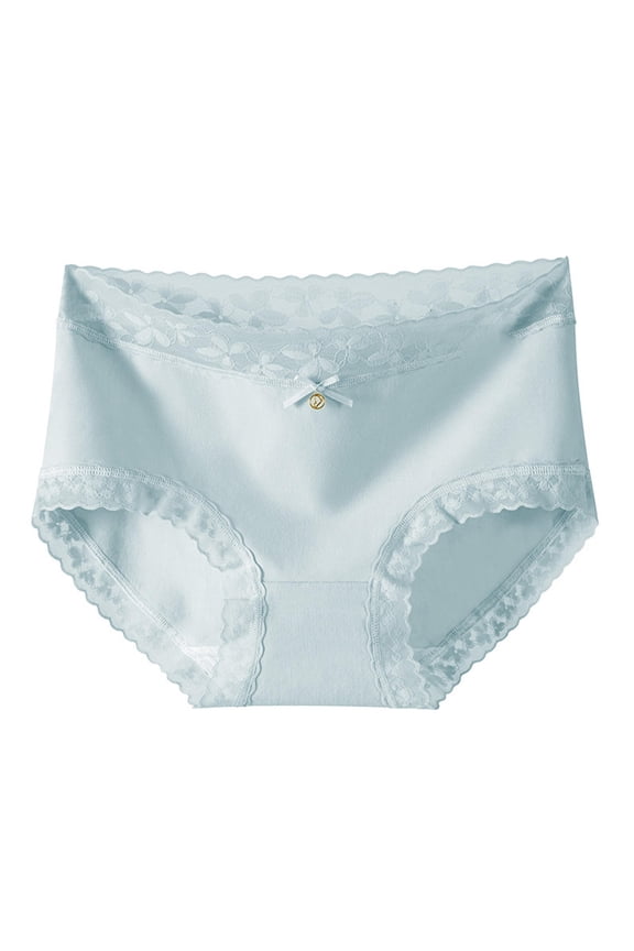 Juniors’ Soft Cotton High Waisted Bikini Panties, with Lace Trim & Decorative Bow, Light Blue, Size M, Breathable Everyday Underwear