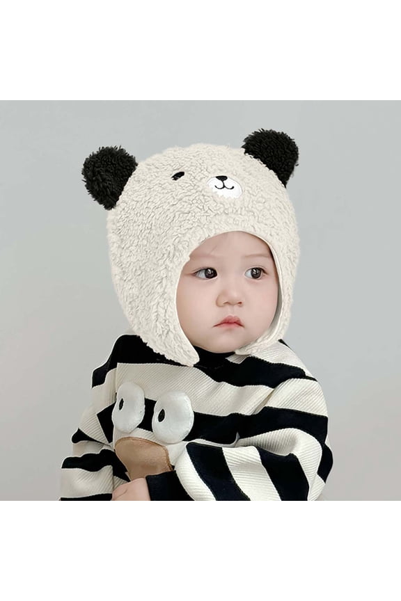 Kids Cold Weather Hat 1-2 Years Unisex, White Panda Ear Flap Beanie, Soft Warm Nylon Spandex Cute Animal Hat for Kids Outdoor Daily Winter Wear,Size 1 T
