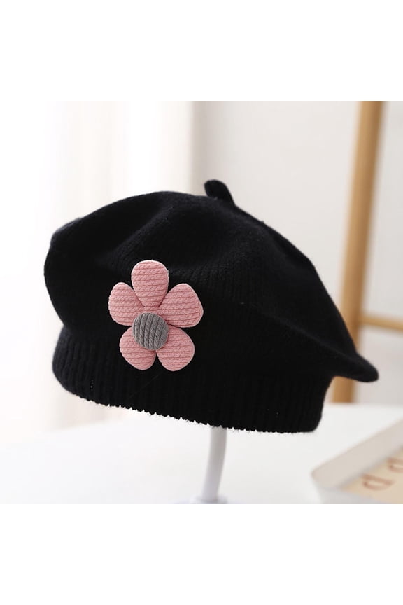 Kids Cotton Beret Unisex with 3D Flower, Black Stretch Knitted Hat for Ages 2-8, Cute Fall Winter Headwear for Kidss & Kids,Size Free Size