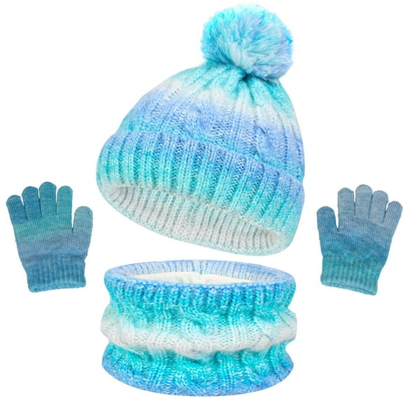 Sunvit-Panties Kids Unisex 3-Piece Winter Accessories Set - Acrylic Cable Knit Blue Ombre Beanie, Neck Warmer & Gloves, One Size Fits 3-10 Years,Size Free Size
