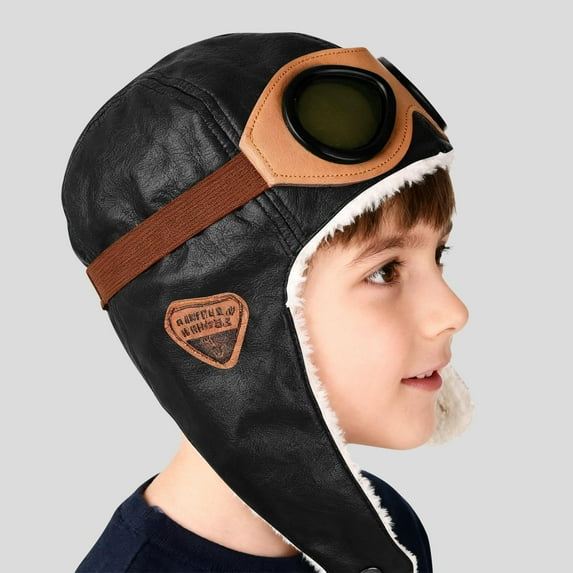 Sunvit-Panties Kids' Vintage Aviator Hat with Goggles - Unisex Acrylic Plush Lined Earflaps for Kidss & Kids 2-8, Brown/Black/Burgundy/Army Green Winter Warm Pilot Cap,Size 2 T