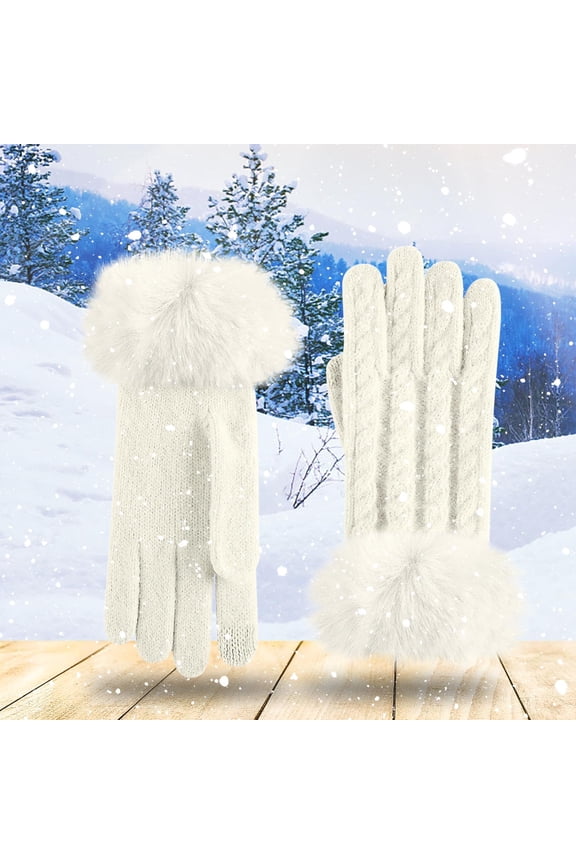 Ladies White Fall Winter Knitted Gloves - Faux Faux Fur Cuff Warm Polyester, One Size Fits Most for Women Cold Weather,Size Free Size