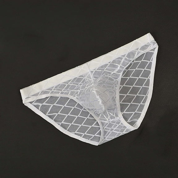 Sunvit-Panties Mens 100% Polyester Diamond Mesh Bikini Briefs - Low Rise, Semi Sheer, Lightweight Breathable, Elastic Waistband, White, Size L