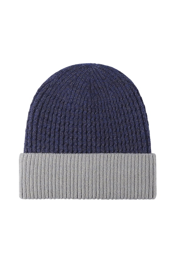 Navy Cotton Cuffed Beanie - Women and Men Winter Color Block, Warm Soft Knit, Free Size for Adults & Teens, Daily Outdoor Cold Weather Hat,Size Free Size
