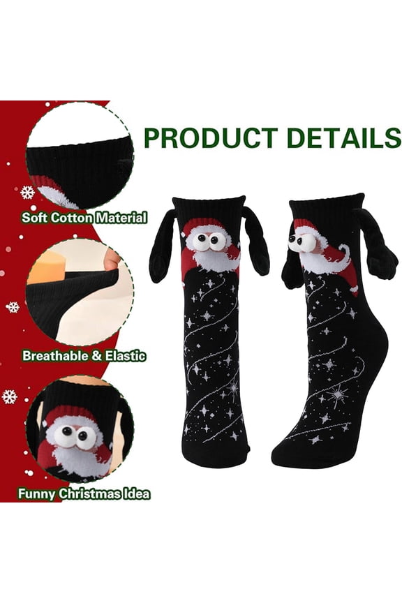 Novelty Christmas Socks Unisex - Black with 3D Googly Eyes & Ear Accents, Santa/Star Patterns, Nylon-Spandex, Holiday Stocking Stuffer for Adults