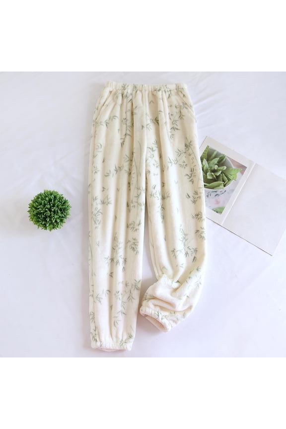 Pajamas Womens Beige Bamboo Print Loungewear Pants - 100% Polyester, Elastic Waist, Tapered Ankle, Side Pockets, Warm for Fall/Winter (M/L/XL),Size M